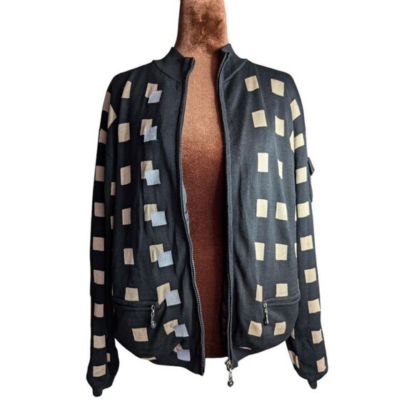 Jamie Sadock black geometric pattern silk blend lined zipup cardigan Medium - Picture 2 of 7